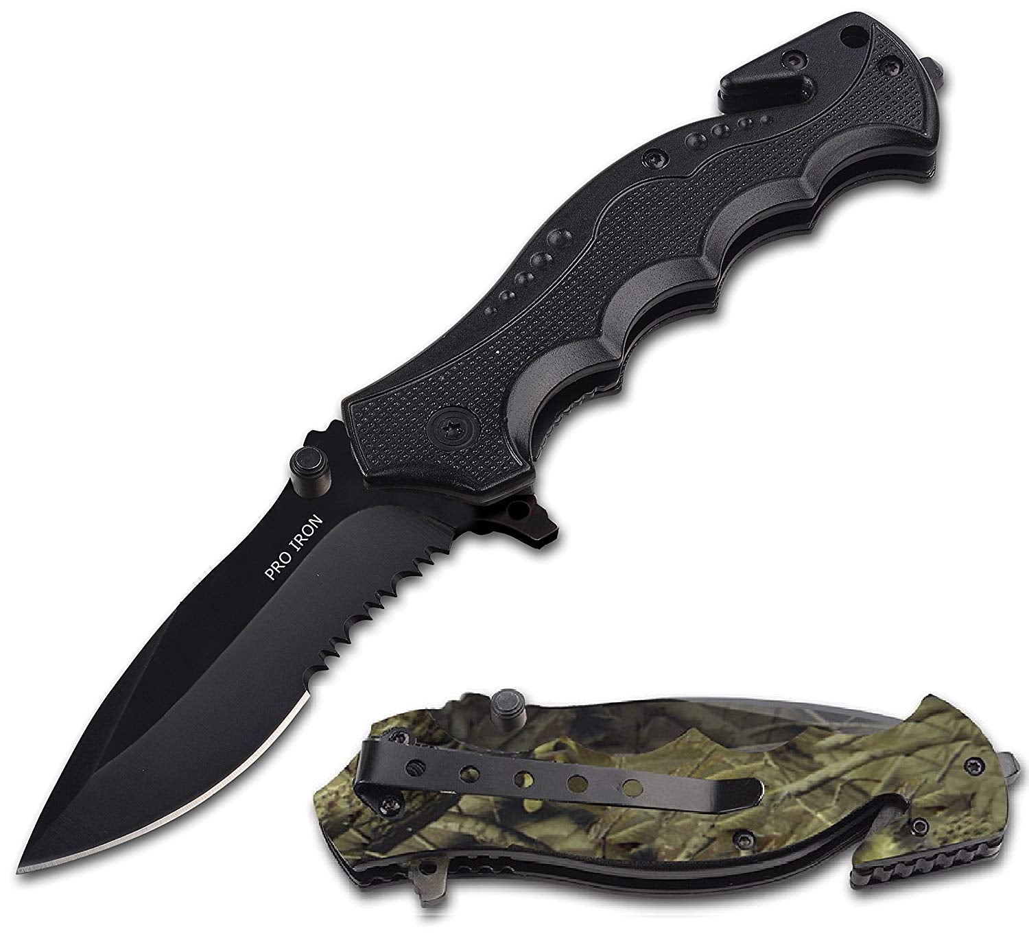 Serrated Edge Outdoor Survival Camping Hunting Knife - 2 Knives - Woodsman-Camo + Black